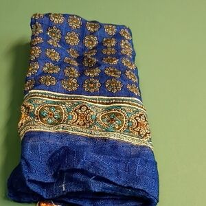 Bonwit Teller Silk Blue and Gold Patterned Scarf Like Stain Glass Window